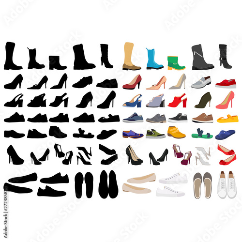 vector isolated fashion shoe set in flat style with silhouette