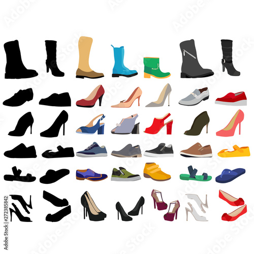 isolated fashion shoe set in flat style with silhouette