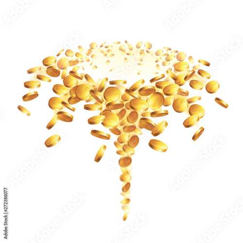 Fountain - falling gold coins on a transparent or white background. Rain of money.