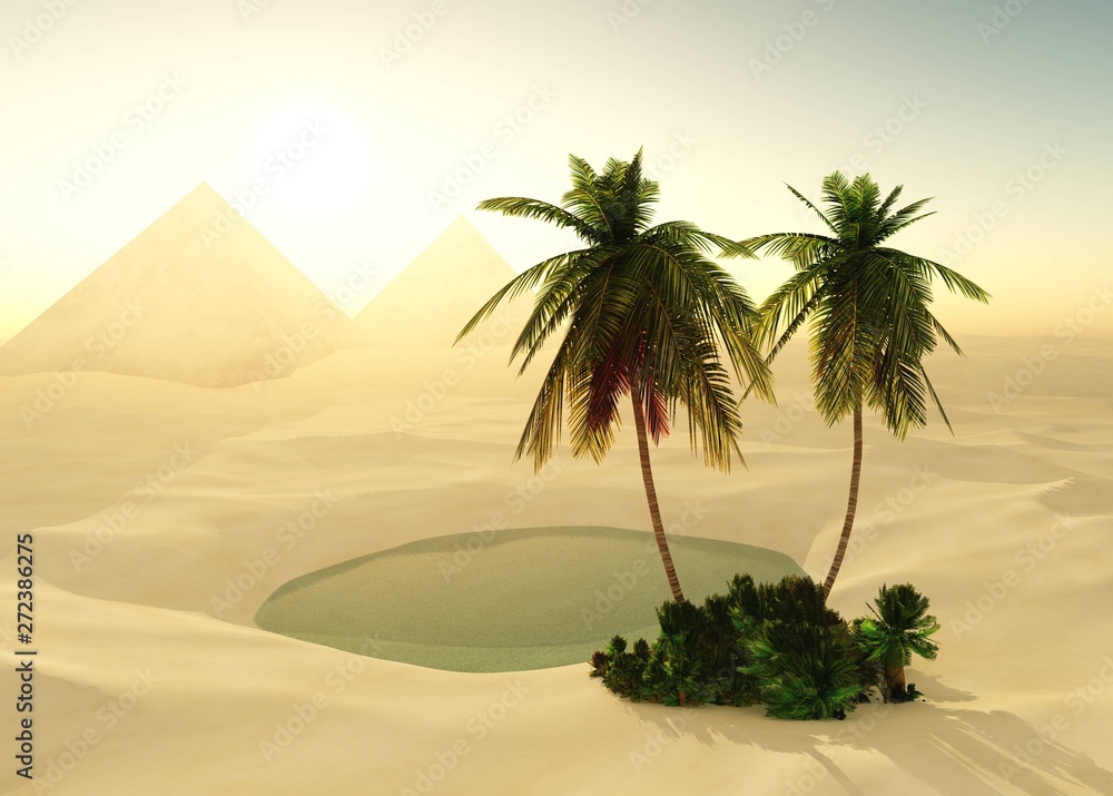 Oasis in the desert at sunset, a pond with palm trees in the sands under the sun