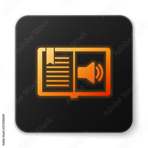 Orange glowing Audio book icon isolated on white background. Audio guide sign. Online learning concept. Black square button. Vector Illustration