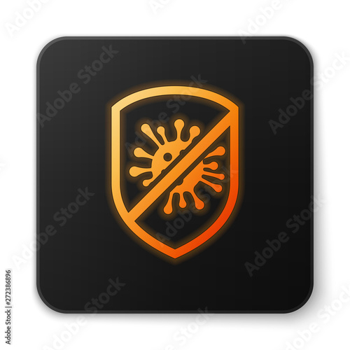 Orange glowing Stop virus, bacteria, germs and microbe icon isolated on white background. Antibacterial and antiviral defence, protection infection. Black square button. Vector Illustration