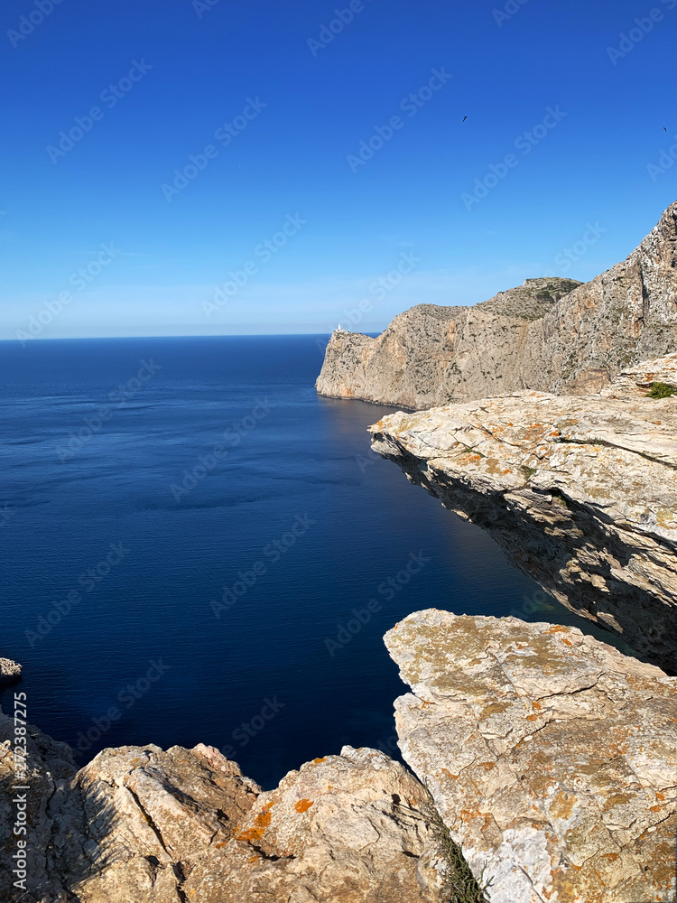 Coastline view of the wild mountains. View point. Serra de Tramuntana, Cap de Formentor, Mallorca, Spain