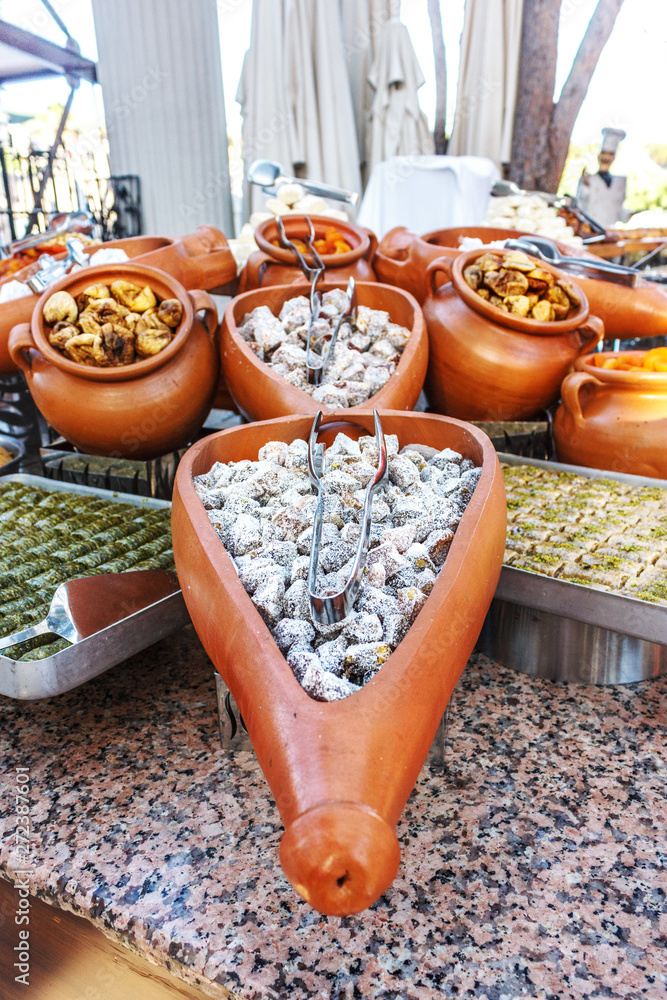 Fototapeta premium Traditional Turkish delight in an open buffet in a hotel in Turkey