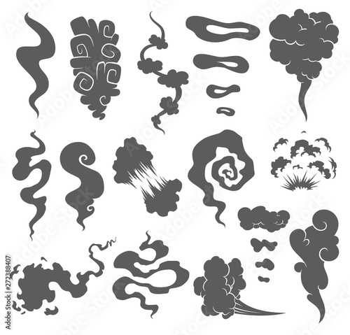 Cartoon smoke and dust clouds. Comic puff and steam vector set. Comic white stench aroma or smell illustration.