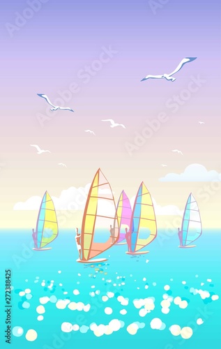 Beautiful seascape. Windsurfers on the horizon and seagulls on clear sky