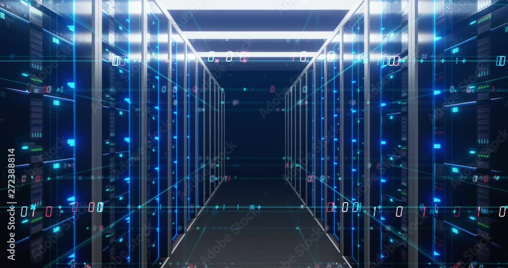 fly through futuristic Corridor of  server room with digital element .4k
