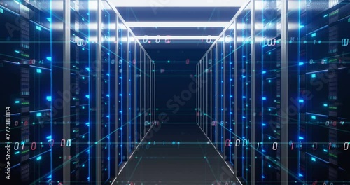 fly through futuristic Corridor of  server room with digital element .4k