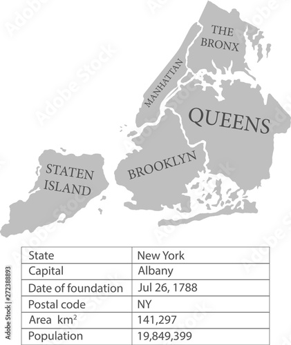 New York state. State of America territory on white background. Separate boroughs. Vector illustration