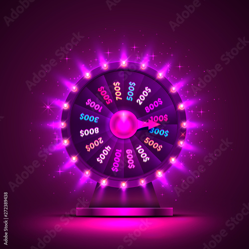 Casino neon colorful fortune wheel. purple background.