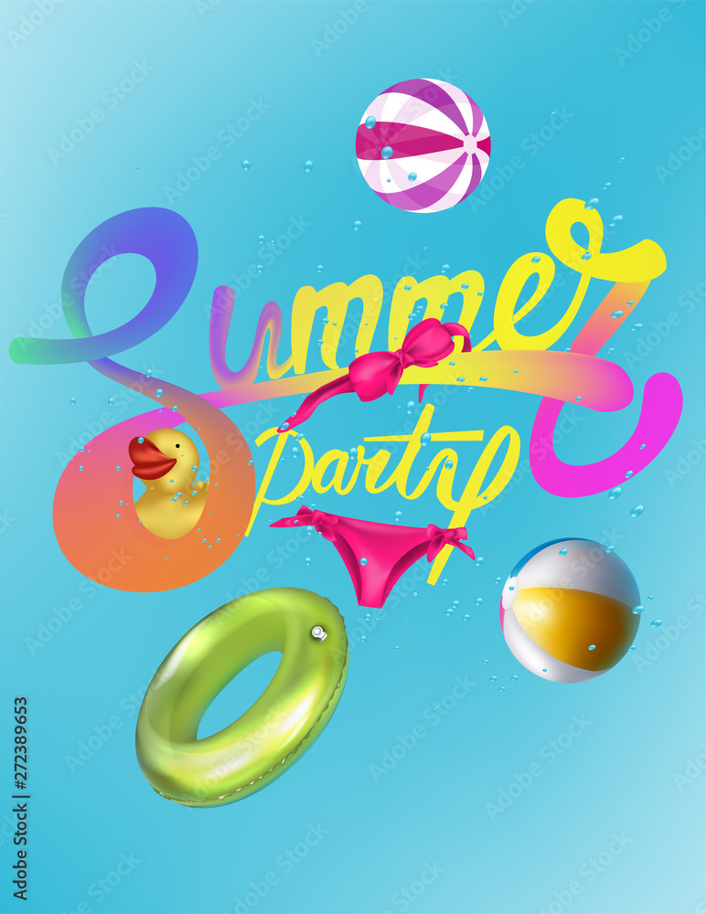 Summer party card with swimming pool objects. Vector illustration