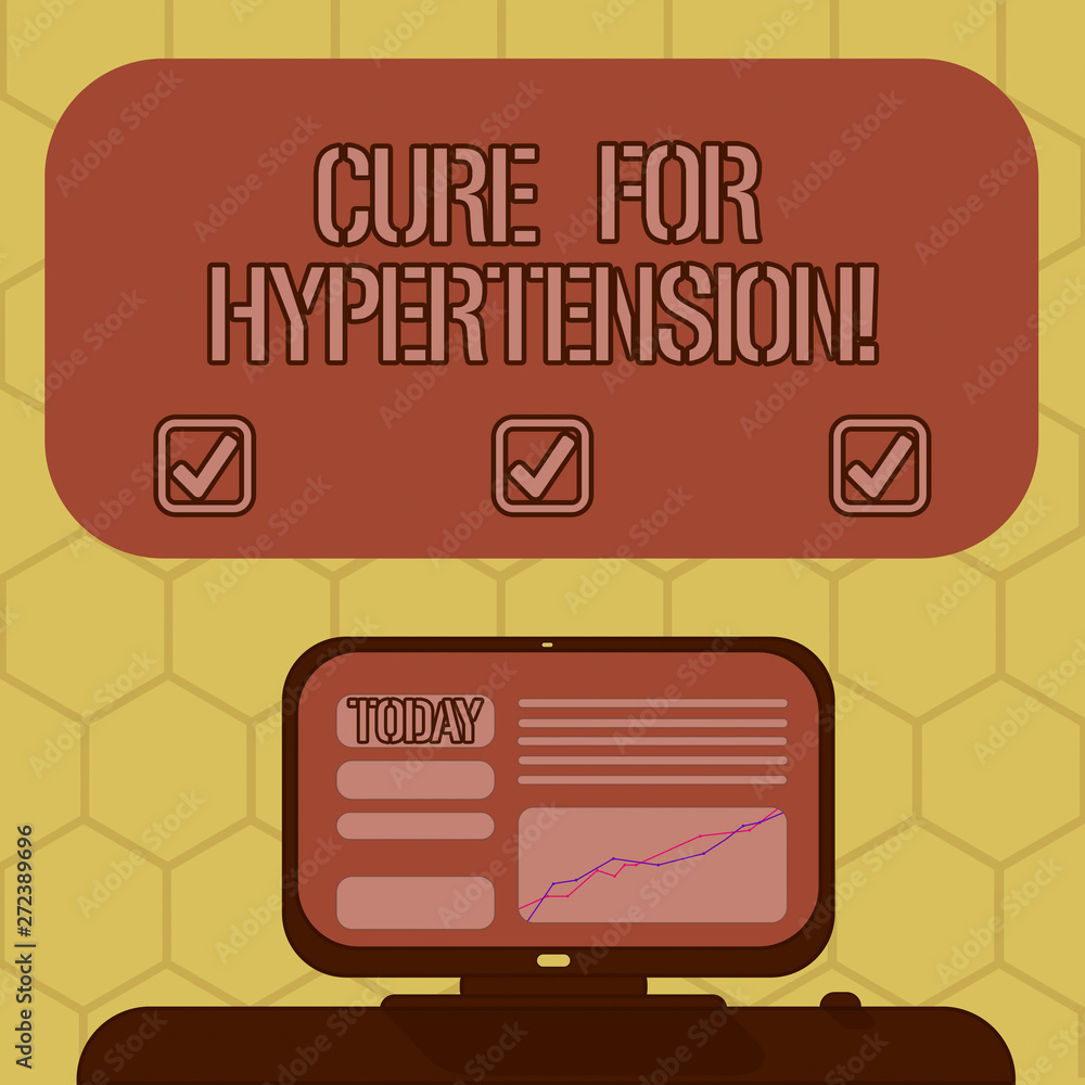 Word writing text Cure For Hypertension. Business concept for Getting treatment to lower the blood pressure Mounted Computer Screen with Line Graph on Desk Blank Color Text Box Word writing text Cure For Hypertension. Business concept for Getting treatment to lower the blood pressure Mounted Computer Screen with Line Graph on Desk Blank Color Text Box