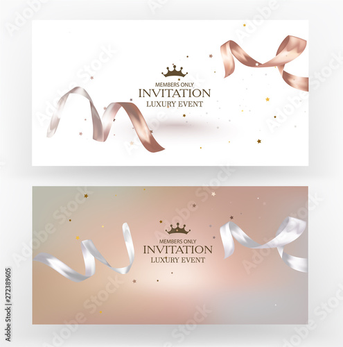 Invitation cards with curly levitating ribbons. Vector illustration