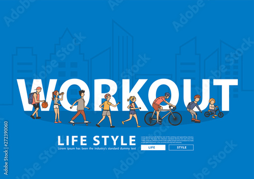Vector people workout life style idea concept with flat big letters in line city landscape buildings background