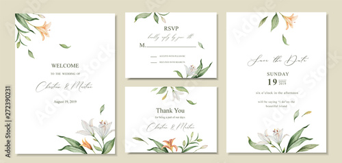 Fotografia, Obraz Watercolor vector set wedding invitation card template design with green leaves and flowers