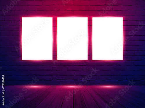 Vector Three poster mockup with on brick wall room background, neon light