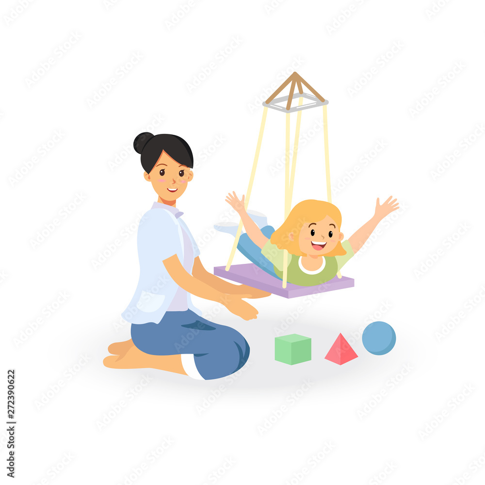 Occupational therapy treatment session on screening development of kids. Concept for pediatric clinic, pediatrician and learning in children. Vector illustration isolated on white background.