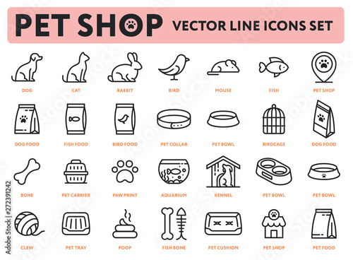 Pet Shop Vector Flat Line Icon Illustrations Set. Animals: Dog, Cat, Rabbit, Bird, Mouse, Fish. Food. Accessories: Collar, Bowl, Food, Bone, Carrier, Aquarium, Kennel, Clew, Tray, Poop, Cushion. 