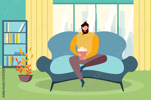 Man Sit Couch Window with Popcorn Bucket Watch TV