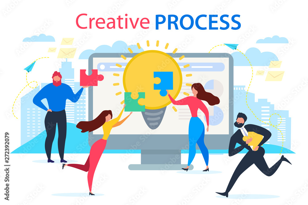 Cartoon People Join Jigsaw Puzzle Creative Process Cartoon People Join Jigsaw Puzzle Creative Process
