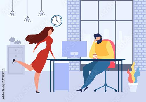 Cartoon Woman Office Table Flirt with Man at Work