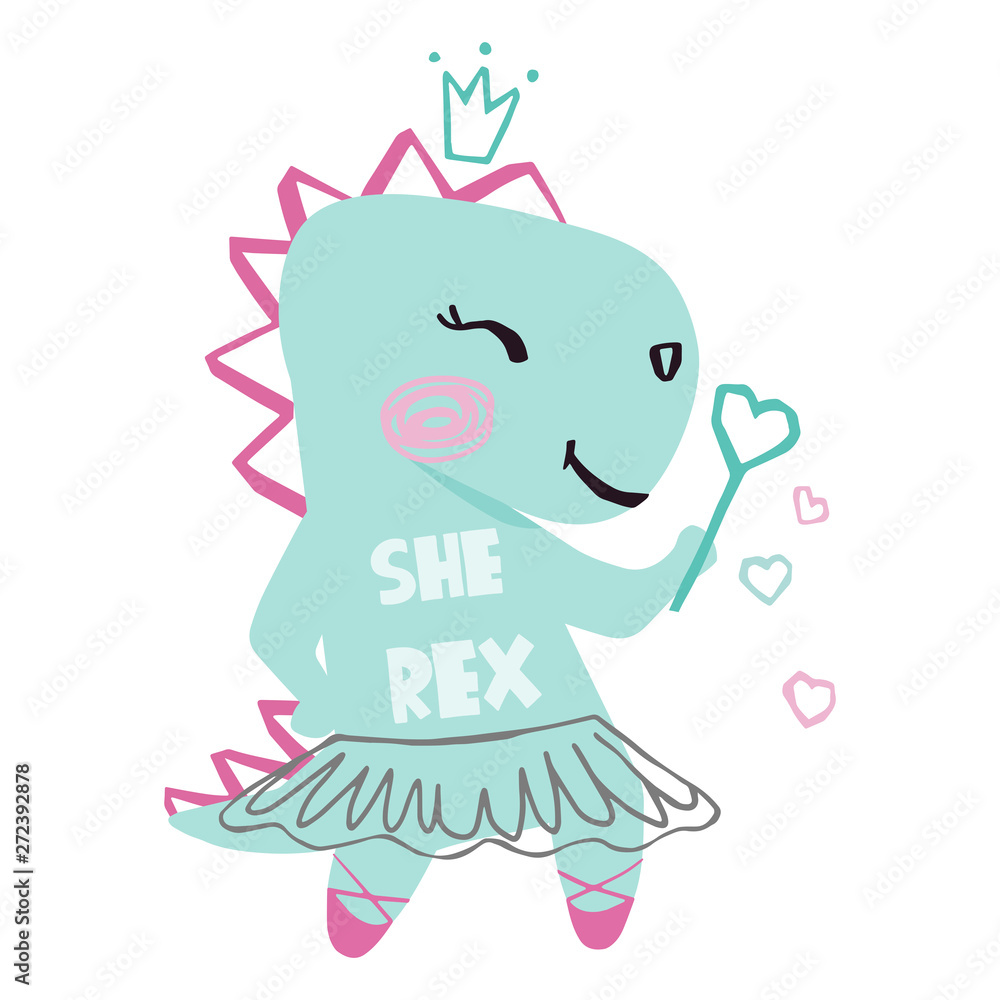 Dinosaur baby girl cute print. Sweet dino with magic wand, crown, ballet tutu, pointe shoes and She - Rex slogan.