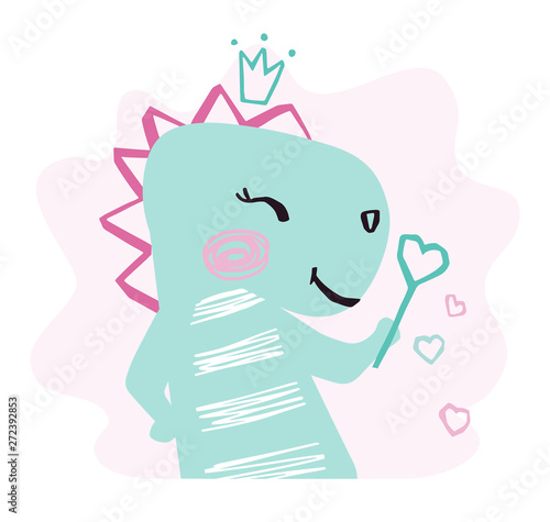 Dinosaur baby girl cute print. Sweet dino with magic wand, crown.