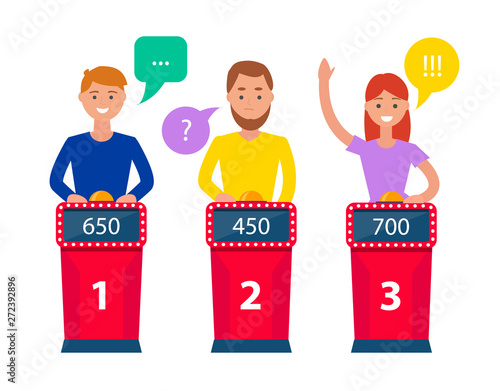 People playing in game quiz show, answering questions, pressing buttons. Male and female players competition in the TV game.