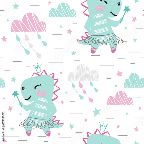 Dinosaur baby girl cute seamless pattern. Sweet dino with magic wand, crown, tutu, pointe. Cloud star sky