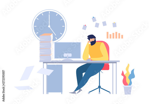 Unhappy Cartoon Man Sitting Office Table Workplace