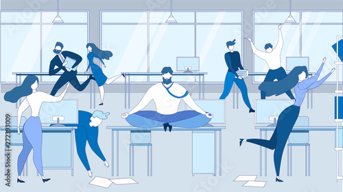 Cartoon Man Meditate Office Table People Stressed