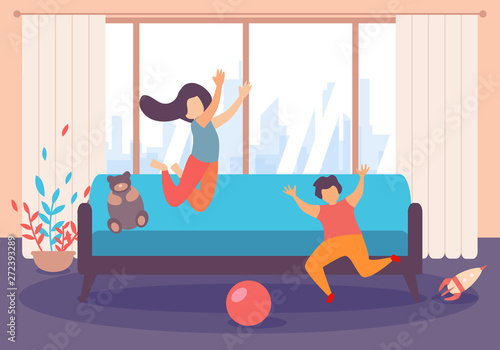 Children Boy Girl Jump Play Inside Living Room