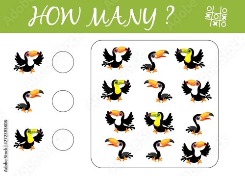 Counting game for preschool children. Educational a mathematical game. Count how many toucans and write the result