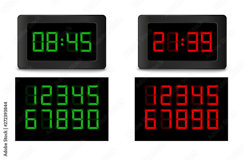 Realistic electronic clock isolated on the white background. Variations with red and green numbers. Vector illustration. Realistic electronic clock isolated on the white background. Variations with red and green numbers. Vector illustration.