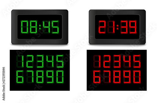 Realistic electronic clock isolated on the white background. Variations with red and green numbers. Vector illustration.