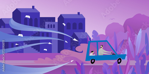 Digital Information overload concept. People running away from information stream pursuing them. Escape from city to nature wildlife. Mail spam, communication overdose flat illustration.