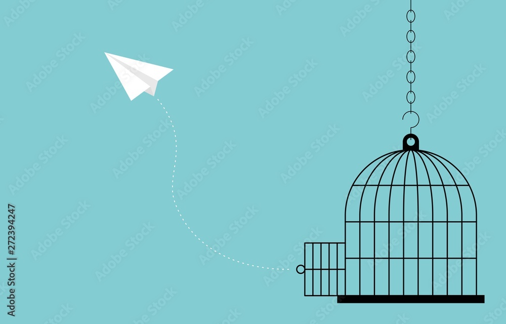 Paper plane flying out from cage, freedom concept