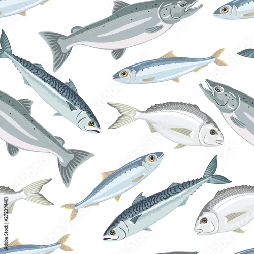 Fish seamless pattern on white background. Mackerel, salmon, sardine, dorado. Vector illustration of seafood in cartoon flat style.