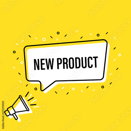 Male hand holding megaphone with new product speech bubble. Loudspeaker. Banner for business, marketing and advertising. Vector illustration.
