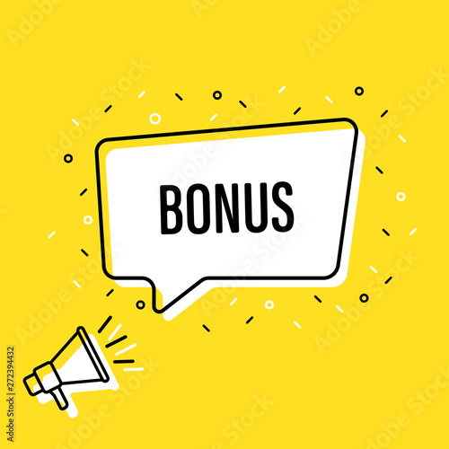Male hand holding megaphone with bonus speech bubble. Loudspeaker. Banner for business, marketing and advertising. Vector illustration.