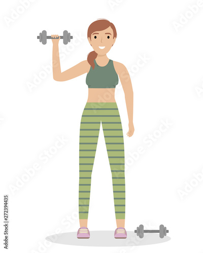 Girl in uniform with dumbbells. Fitness classes.