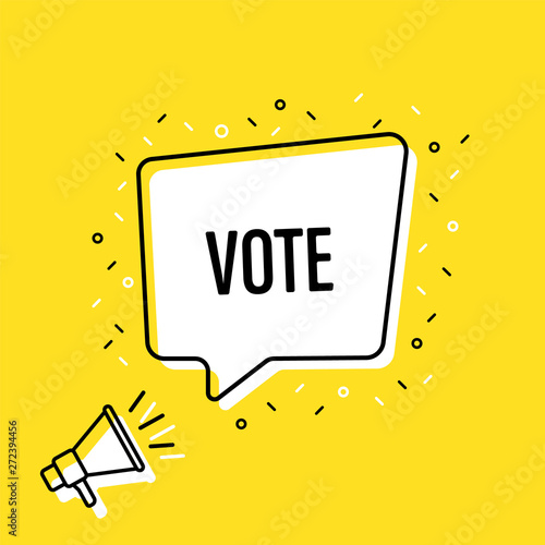 Male hand holding megaphone with vote speech bubble. Loudspeaker. Banner for business, marketing and advertising. Vector illustration.
