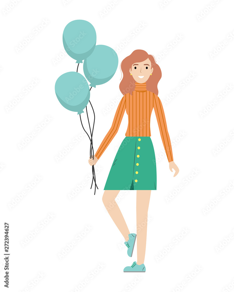 Happy redhead girl with balloons in her hands. Congratulations on your birthday. Flat vector illustration Happy redhead girl with balloons in her hands. Congratulations on your birthday. Flat vector illustration