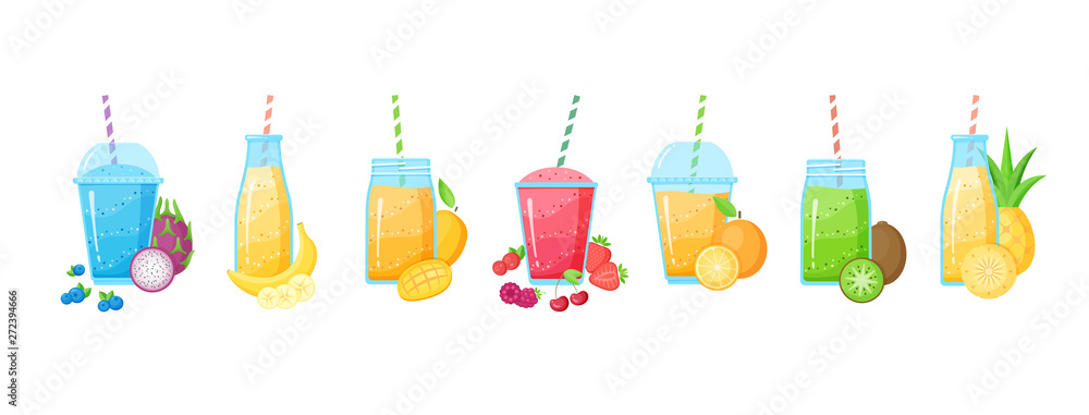 Fresh fruit smoothie shake cocktail set vector illustration. Glass with layers of sweet vitamin juice cocktail in rainbow colors with fruits. Isolated on white background for smoothies summer menu Fresh fruit smoothie shake cocktail set vector illustration. Glass with layers of sweet vitamin juice cocktail in rainbow colors with fruits. Isolated on white background for smoothies summer menu