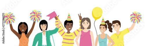 Group of happy people with waving hands isolated on white background. Happy positive men and women celebrating holiday. Fans. Support team.