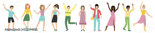 Group of happy people with waving hands isolated on white background. Happy positive men and women jump about happiness. Successful teamwork.