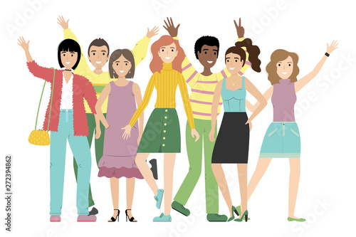 Group of smiling girls and boys or students standing together. Happy friends isolated on white background.