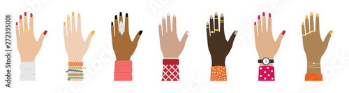 Set of female hands of different races with rings, bracelets, watches and manicure.