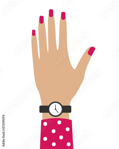 Caucasus female hand with a clock. Pink manicure.