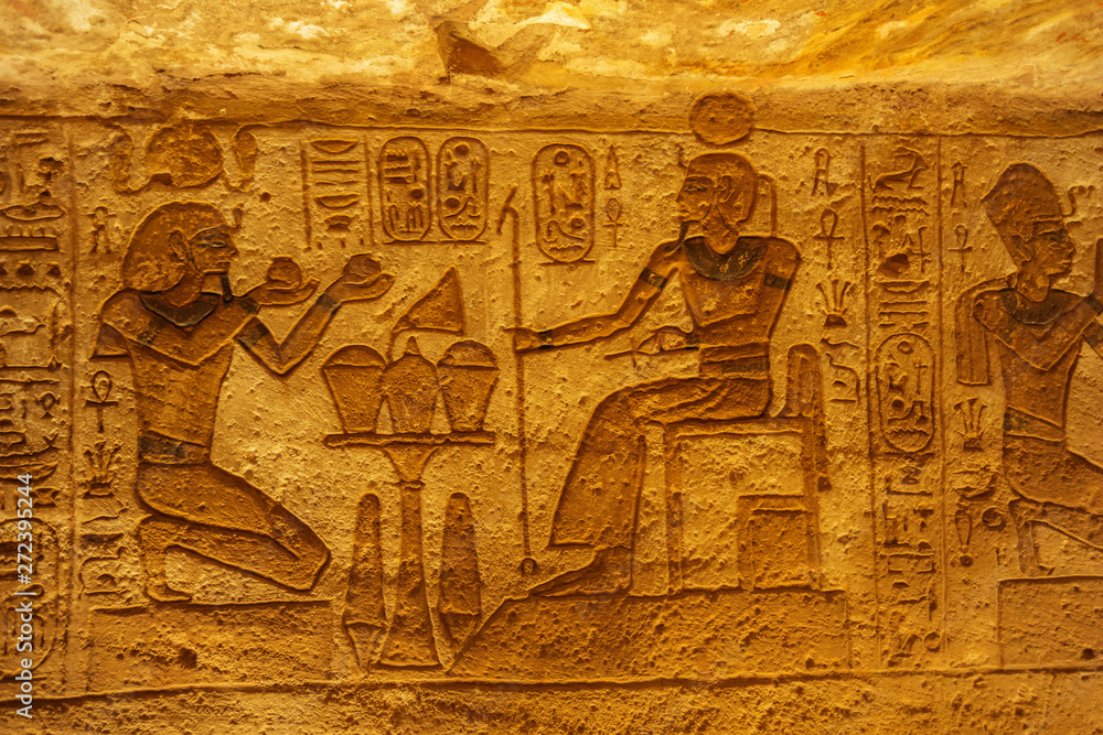 Bas relief of Ramesses II as pharaoh and god in the Great Temple of Abu Simbel